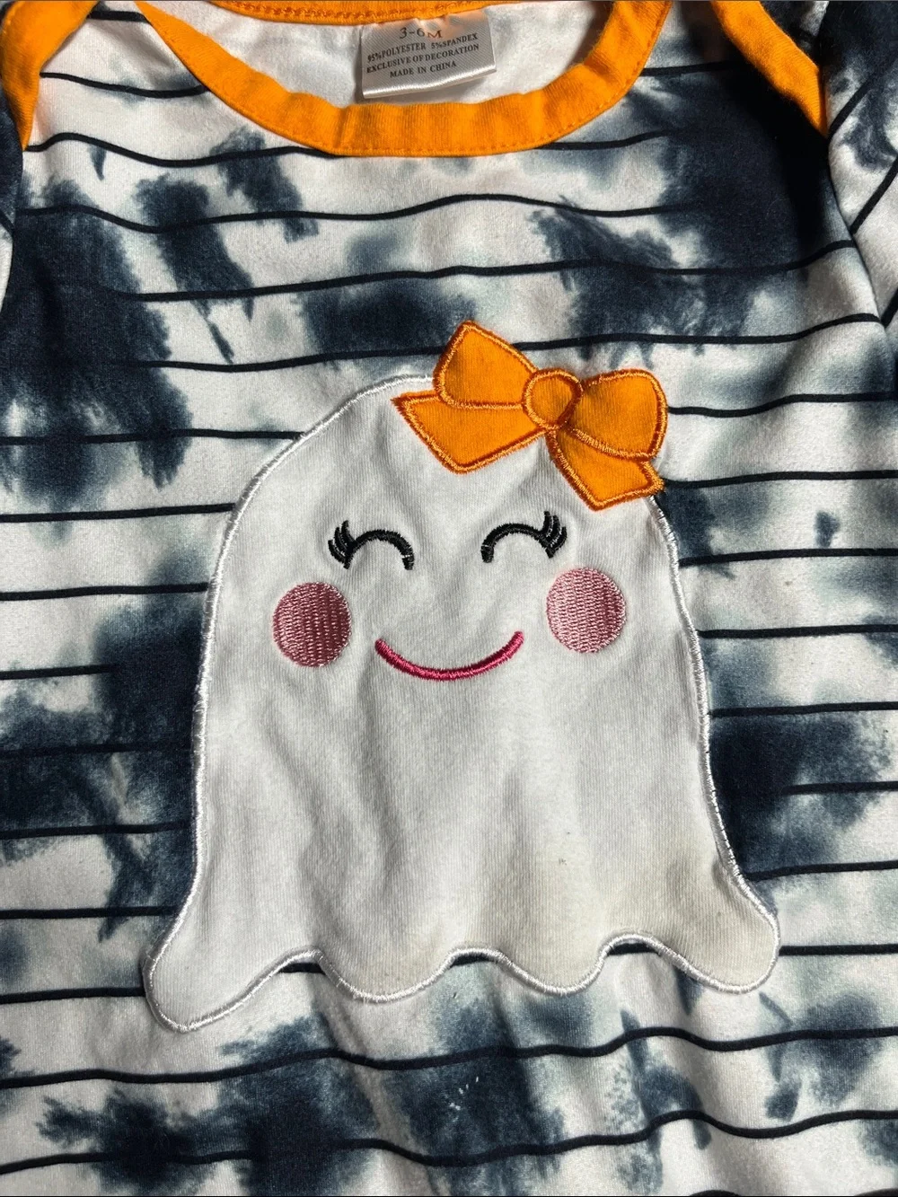 Kids Ghost One-Piece Romper in Black & White with Orange Trim